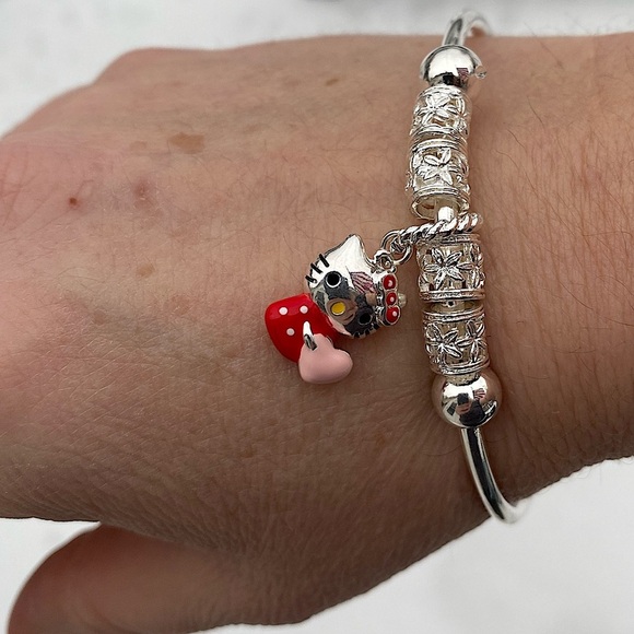 Sterling Silver Hello Kitty Charm Bangle Bracelet - Picture 6 of 10